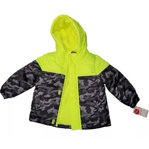 Jumping Beans Puffer Jacket Toddler Boy's 3T Camo Green Hooded Full Zip Pockets‎